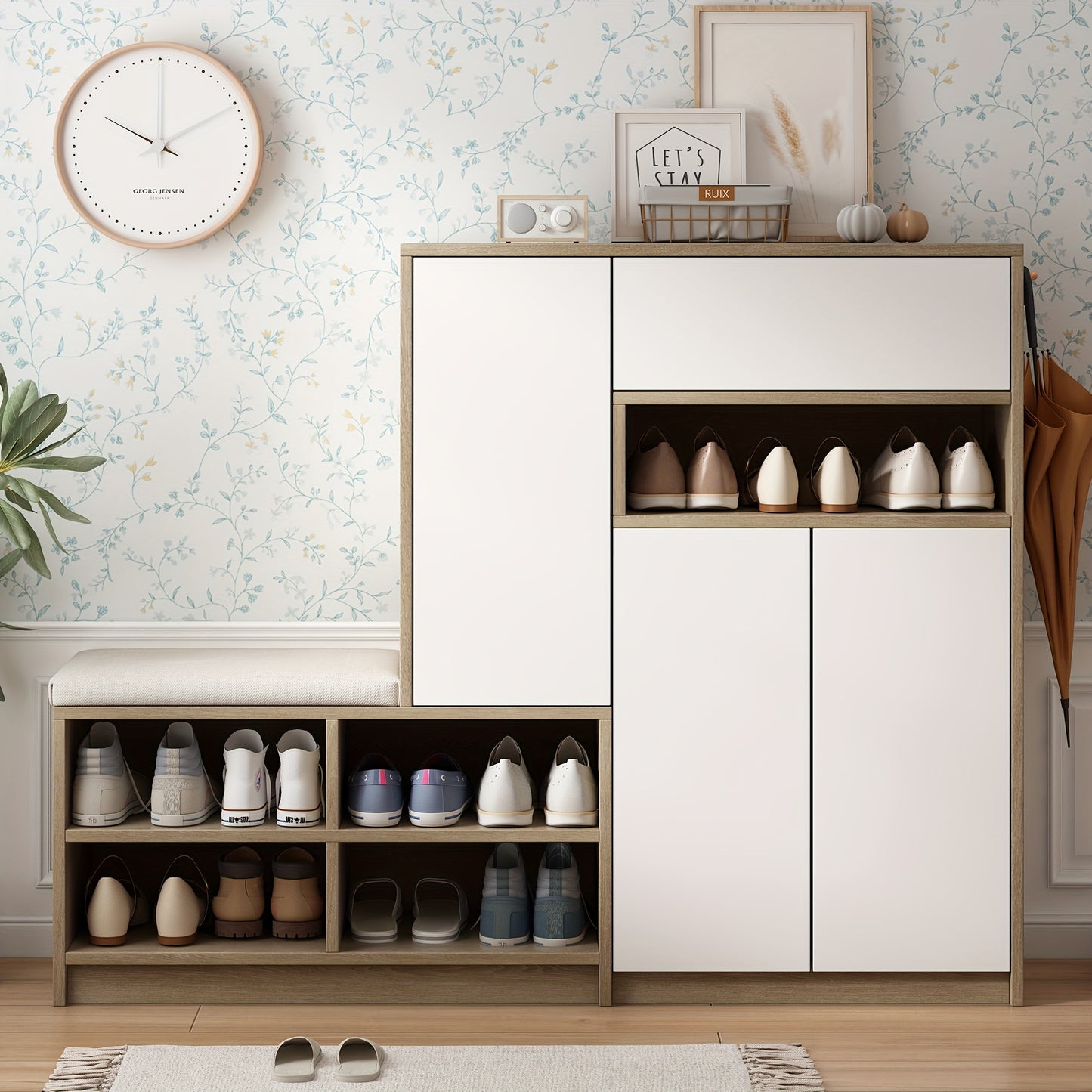White Shoe Storage Bench & Cabinet with Padded Seat, Adjustable Shelves, and Open Compartment – Multifunctional Hardwood Shoe Organizer for Hallway or Entryway, Contemporary Design, 140cm W x 35cm D x 110cm H, Entryway Furn