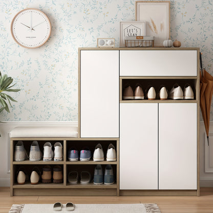 White Shoe Storage Bench & Cabinet with Padded Seat, Adjustable Shelves, and Open Compartment – Multifunctional Hardwood Shoe Organizer for Hallway or Entryway, Contemporary Design, 140cm W x 35cm D x 110cm H, Entryway Furn