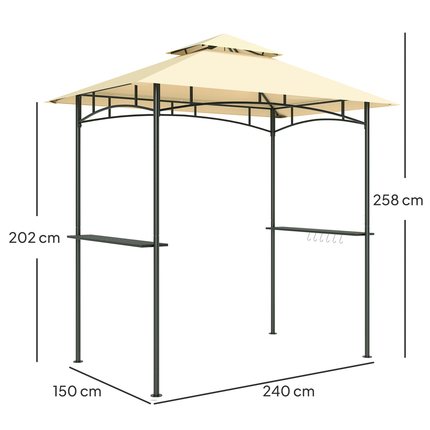 Tuingazebo – Tuinhuisje – Buitenoverkapping – Serre – Prieel – Met LED-Verlichting – Waterafstotend En Brandvertragend – 240 x 150 x 258 cm – Dubbel-Laags Dak