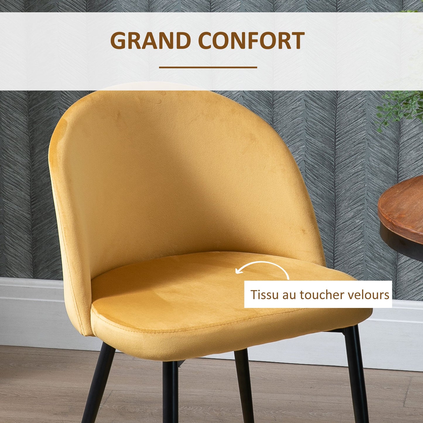 HOMCOM Dining Chairs Kitchen Chair Scandinavian Design - Set of 2 Chairs - Thin Metal Black Legs - Ergonomic Velvet Mustard Seat Back