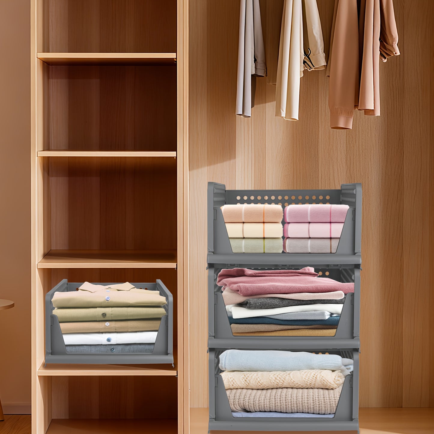 Opbergmanden – Opbergboxen – Opbergbakken – Opbergkisten – Opbergdozen – Stapelbaar en Vouwbaar – Kunststof 33,5x43x18 cm – Set van 4 – Grijs
