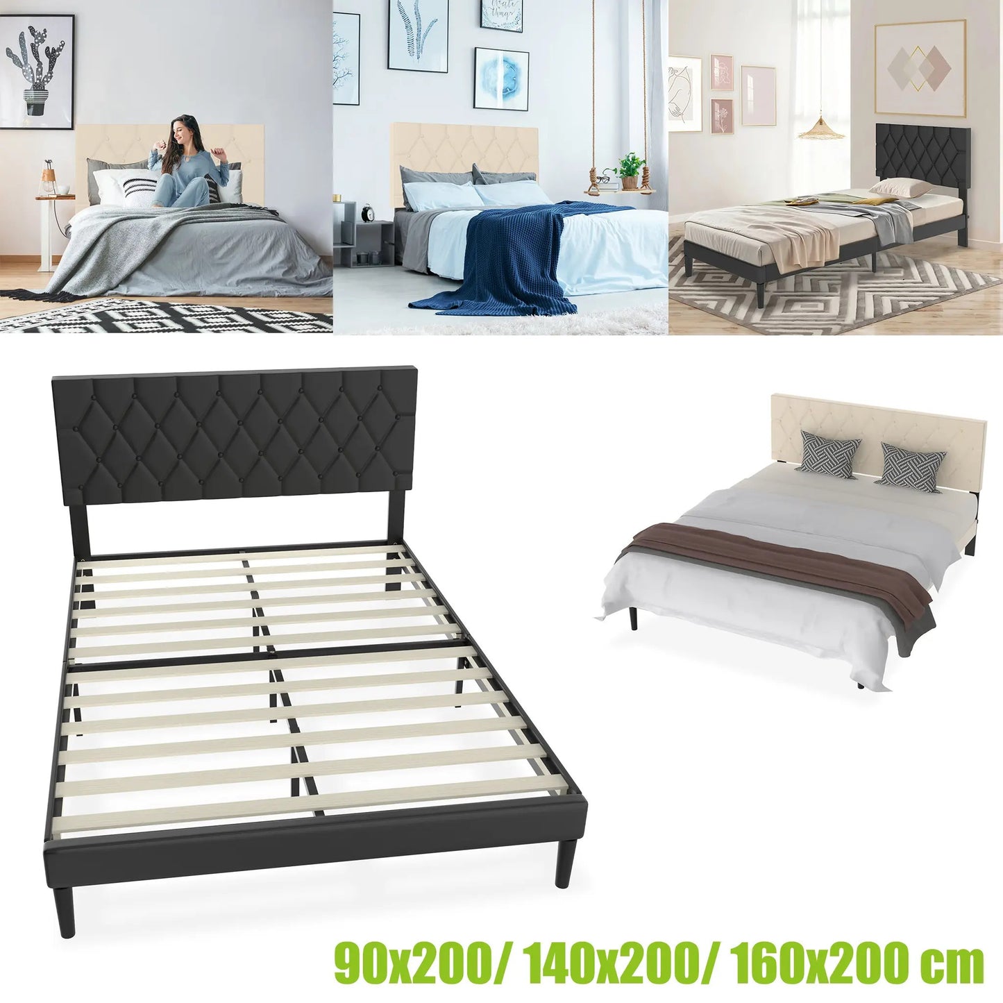 Modern Upholstered Bed: 90/140/160x200 cm with Soft Fabric, Sleek Minimalist Style, and 300kg Load Capacity in Black/Beige Leather style