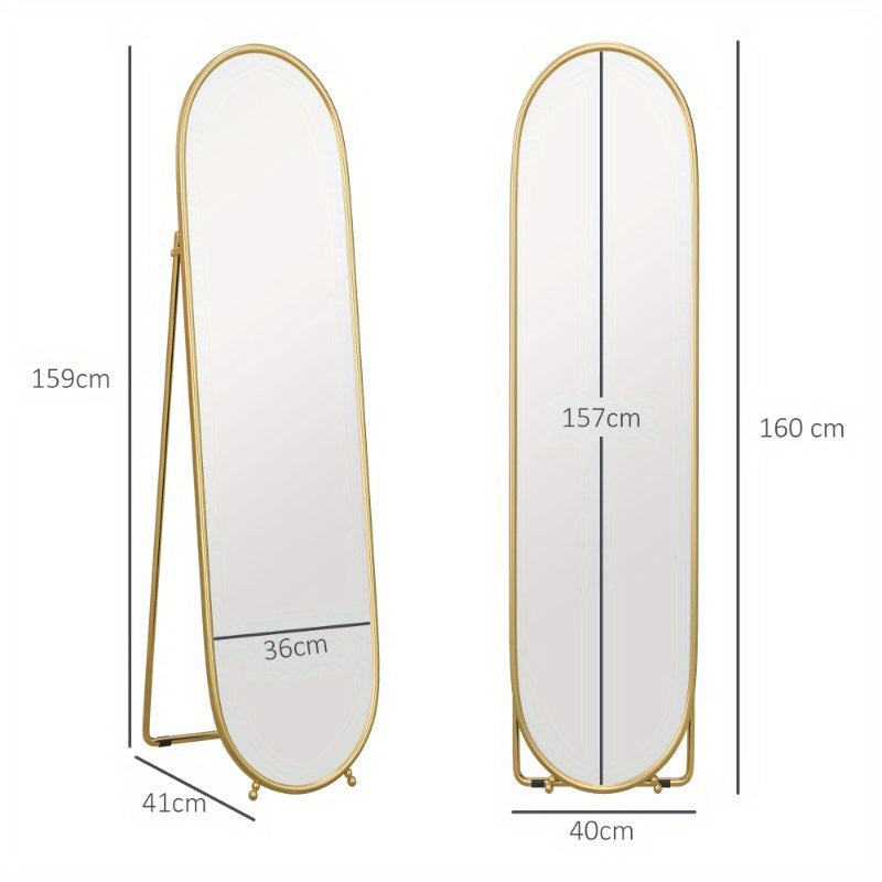 Staande Spiegel – Passpiegel – Wandspiegel – Ovale Spiegel – Full Body Spiegel – Goud Metalen Frame – 160x40 cm – Vrijstaand Ontwerp