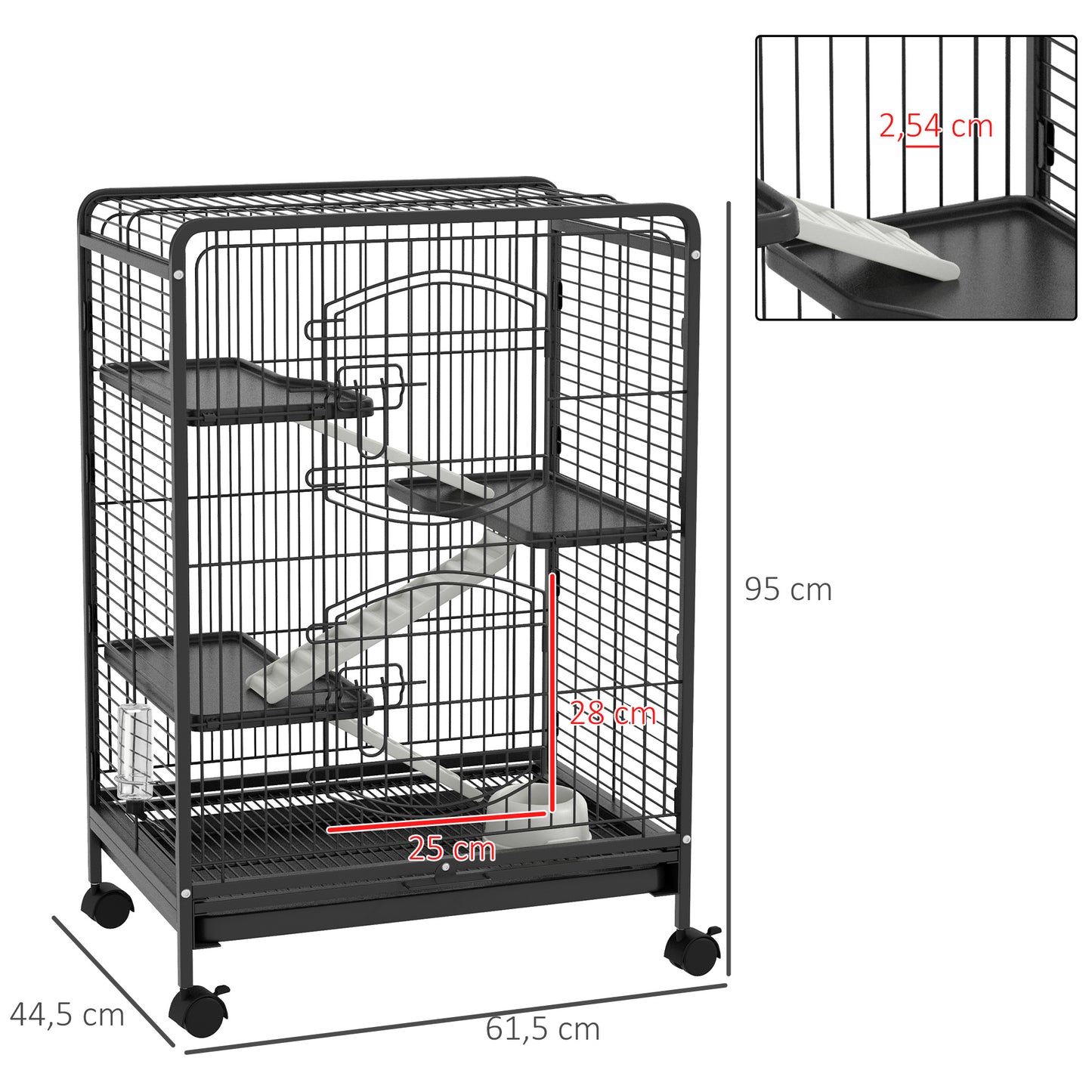 Kleine Dierenkooi – Dierverblijf – Konijnenkooi – Fretkooi – Chinchillakooi – Zwart – Met 3 Platforms – Uitneembare Bodemlade