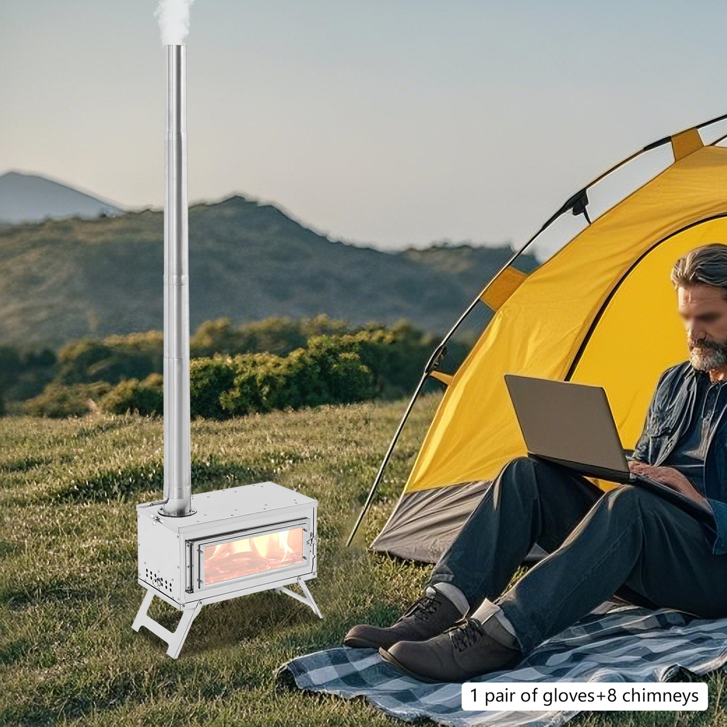 Houtkachel – Campingkachel – Tentkachel – Outdoorkachel – Backpacking Kachel – Roestvrijstaal – Compact & Draagbaar – Inclusief 8 Schoorsteenpijpen & Handschoenen