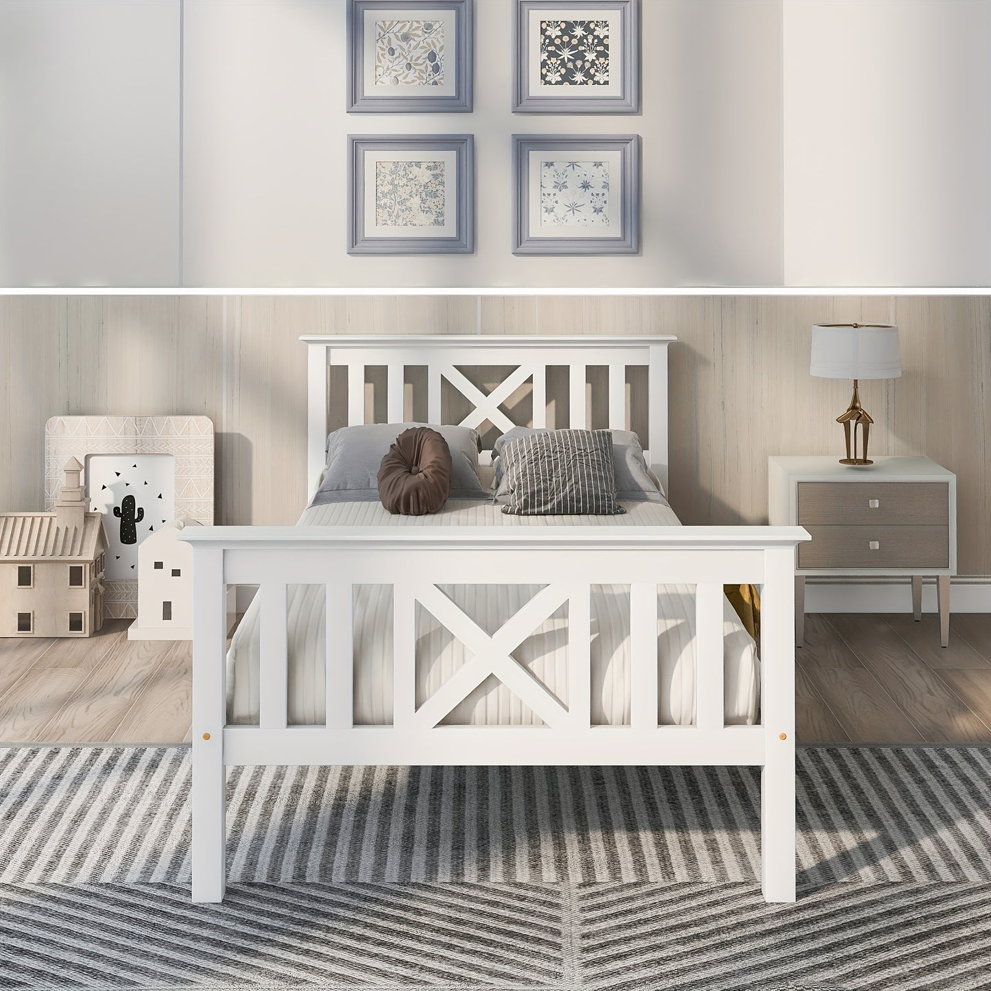 Bed frame, single bed, bed consisting of bed frame and slatted bed frame with headboard - 90 x 200cm, adult bed, white