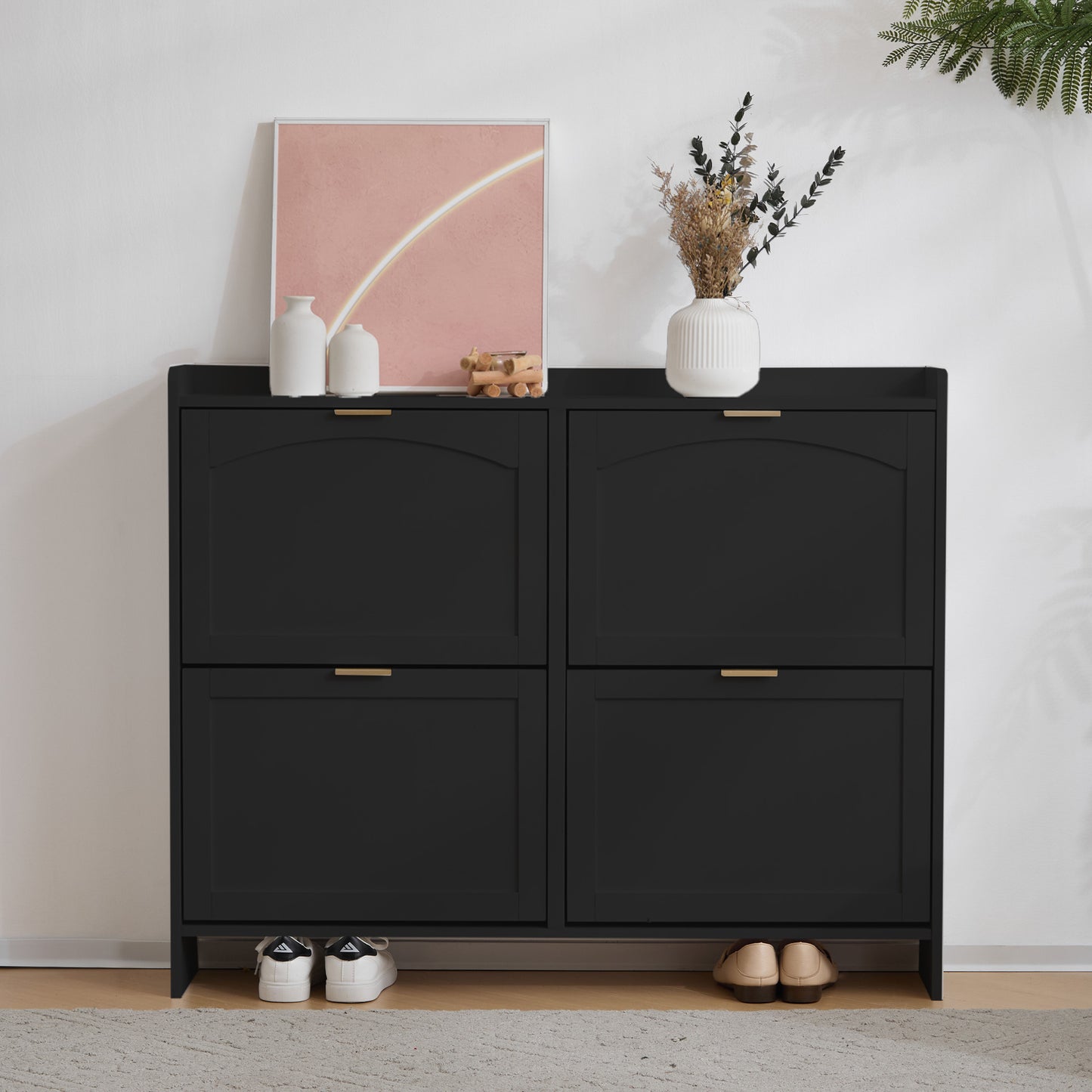 Modern shoe cabinet, with 4 folding compartments, freestanding shoe rack, open storage surfaces, suitable for entry area or hway, Black, Dimensions: W110/H90/D24 cm