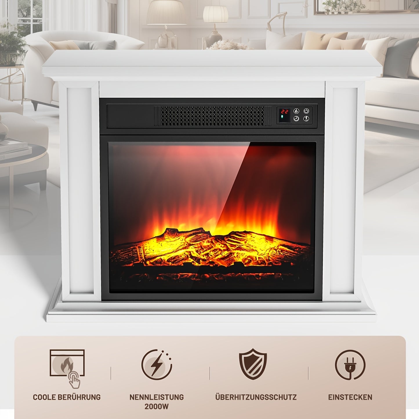 Elektrische Haard – Sfeerkachel – Inbouwhaard – Vloerhaard – Haardmantel – Zwarte Vrijstaande Haard – Realistisch Vlameffect – 2000 Watt Verwarming
