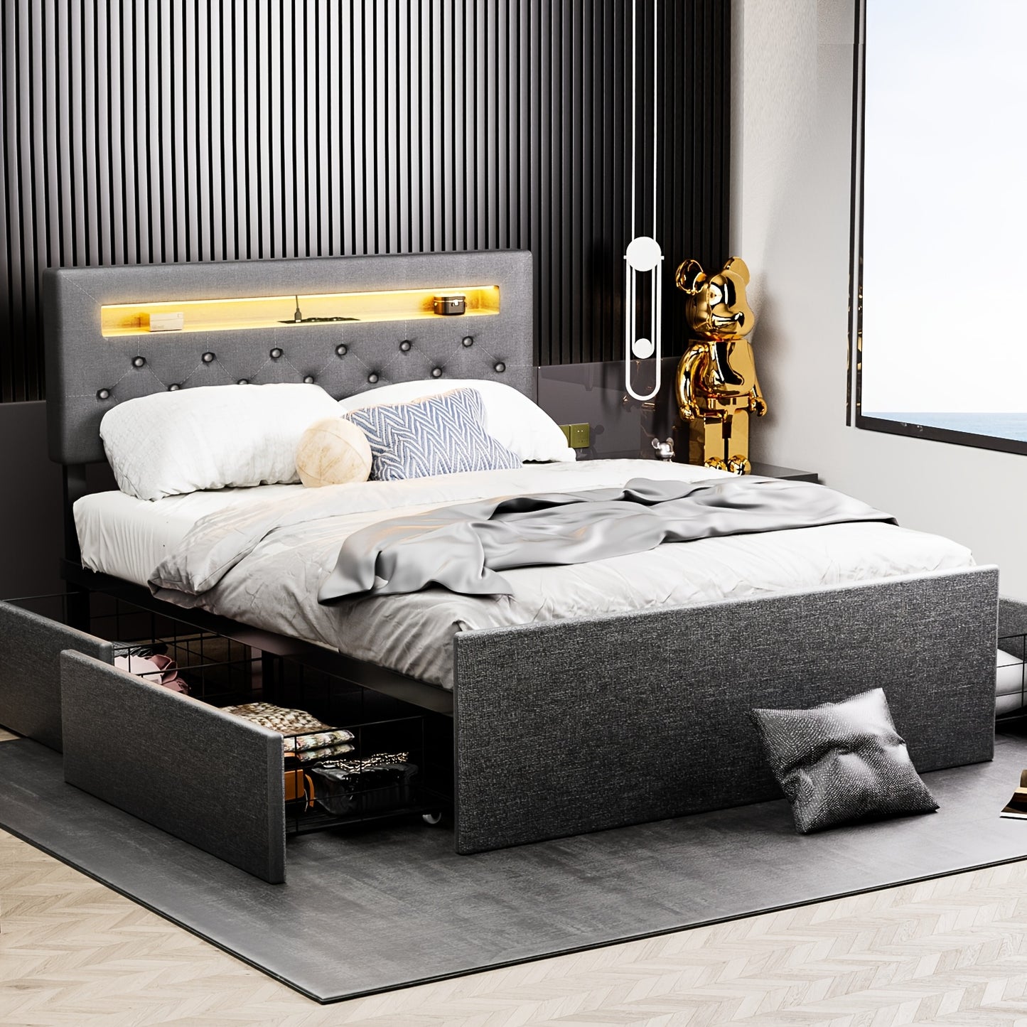 Bed 140x200 cm – Tweepersoonsbed – Boxspring – Led Bed – Opbergbed – Gestoffeerd Hoofdbord – Met Vier Lade Opbergruimte – USB Verlichte LED – Met Houten Lattenbodem
