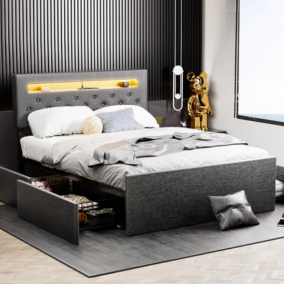 Bed 140x200 cm – Tweepersoonsbed – Boxspring – Led Bed – Opbergbed – Gestoffeerd Hoofdbord – Met Vier Lade Opbergruimte – USB Verlichte LED – Met Houten Lattenbodem