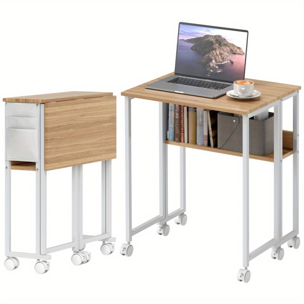 Mobiel Computerbureau – Bureau Met Wieltjes – Opvouwbaar Bureau – Werktafel – Laptoptafel – Compact Ontwerp – Houten Blad Met Metaalframe – Inclusief 2 Planken En Opbergruimte