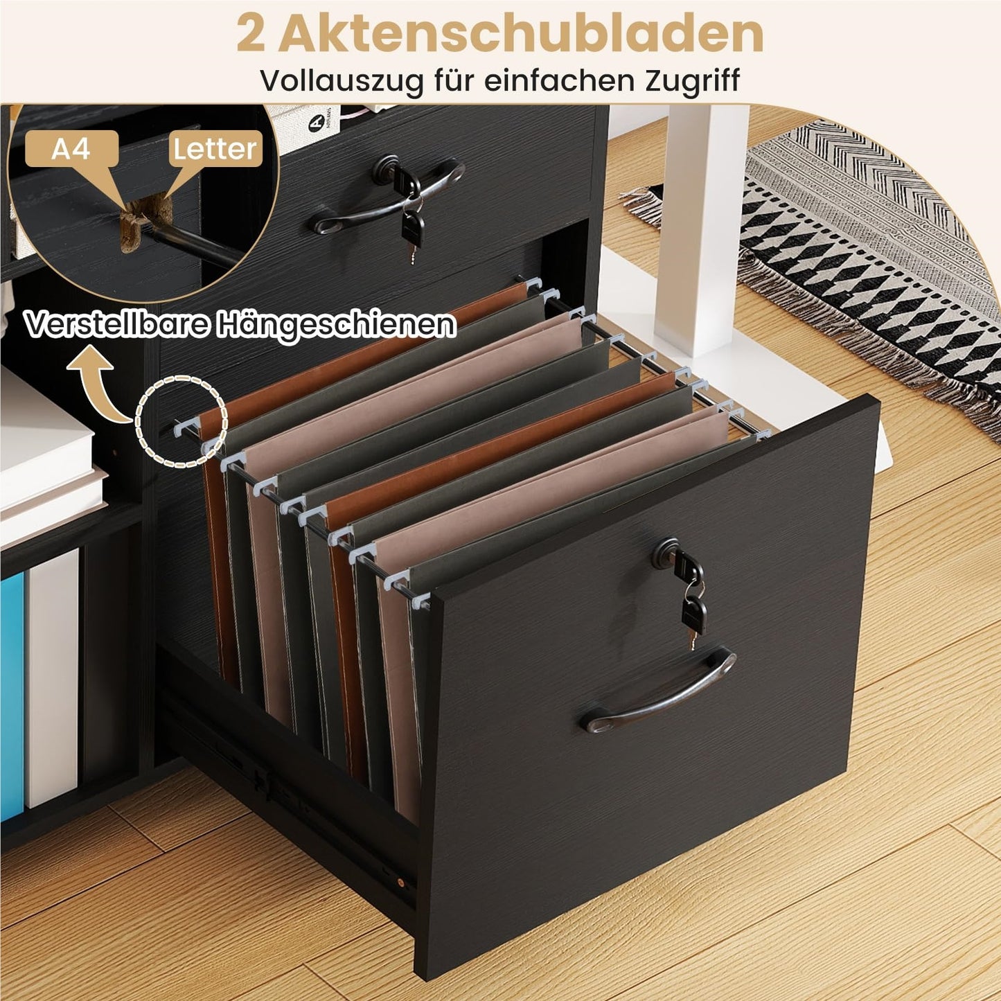 Rollende Opbergkast – Mobiele Ladenkast – Office Organizer – Printerstandaard – Rolcontainer – 4 Lade Met Slot – Verstelbare Plank – Zwart