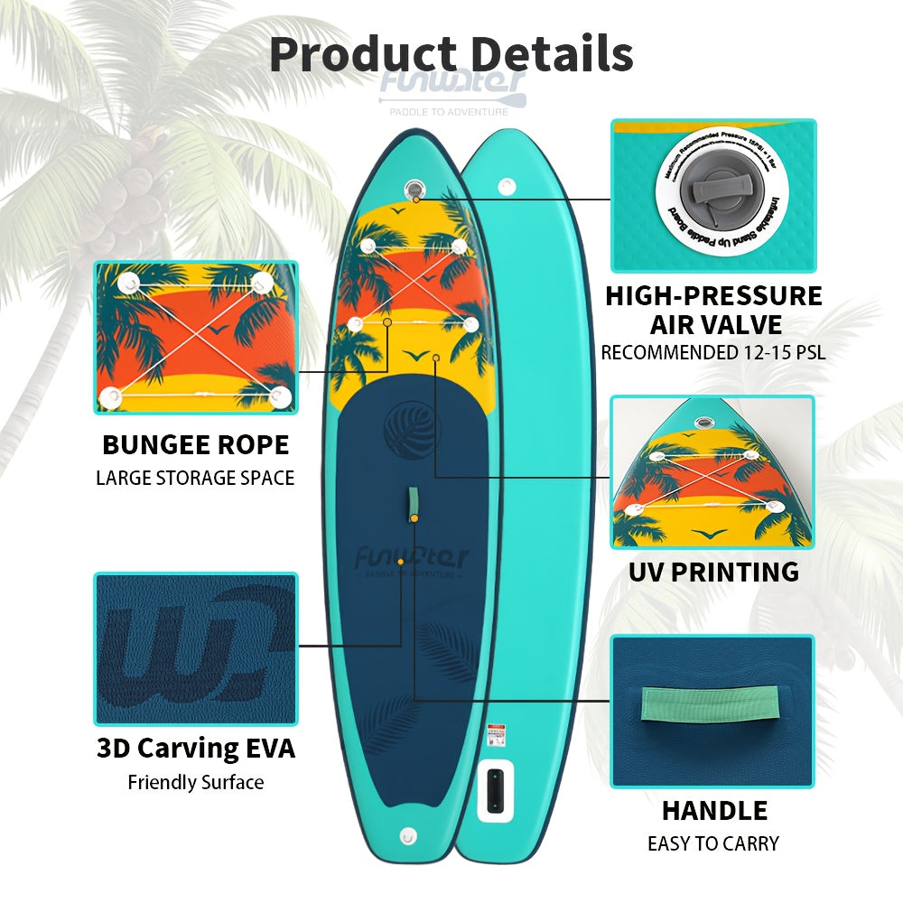 Opblaasbare Paddleboard – SUP Board – Stand Up Paddle – Inflatable Surfboard – Waterboard – Mintgroen Met Kokosnoot Print – 335x84x15 cm – Duurzaam PVC