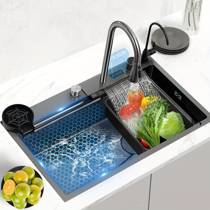 Stainless Steel Waterfall Sink With Display Screen Single Bowl Kitchen Sink RV Sink With Cup Washer Waterfall Pull-Down Faucet And Complete Accessories Set, Gun Gray (76.2*45.97*20.5 cm)