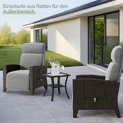 2pcs Brown PE Rattan Sofa Set with Coffee Table & Dust Cover - All-Weather Outdoor Furniture, 160° Flat Recline & Extendable Footrest, Cushioned Comfort, UV-Resistant Wicker Patio Lounge Set for Balcony, Garden, Poolside - E