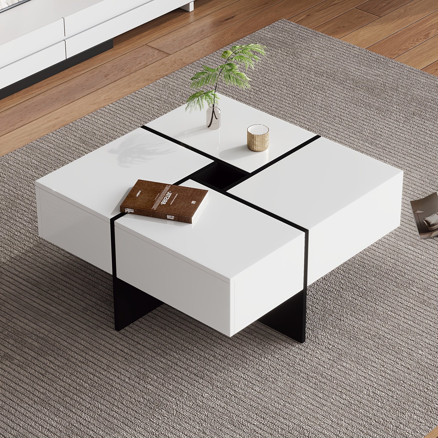 Salontafel – Koffietafel – Woonkamertafel – Bijzettafel – Tafel – Hoogglans MDF – 70x70x35 cm – 4 Lades Met Opbergruimte – Max 30 kg Draagvermogen