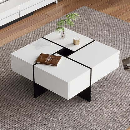 Salontafel – Koffietafel – Woonkamertafel – Bijzettafel – Tafel – Hoogglans MDF – 70x70x35 cm – 4 Lades Met Opbergruimte – Max 30 kg Draagvermogen