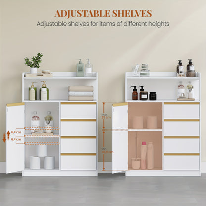 Badkamerkast – Badkamermeubel – Opbergkast – Kolomkast – Wastafelonderkast – 4 Laden & Open Vak – Verstelbare Planken – Wit 110x80x30 cm – Stevig Spaanplaat – Anti-Kantel Veiligheid