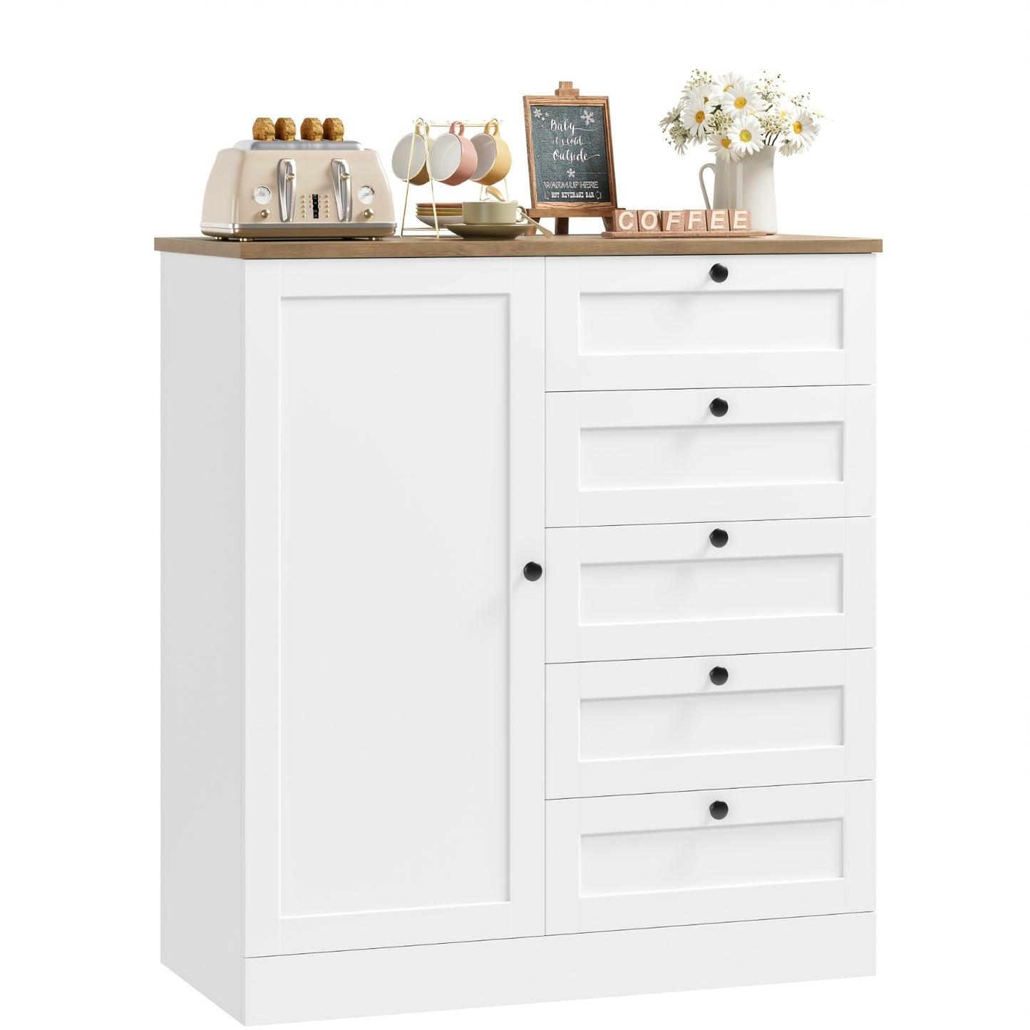 Kealive Sideboard, Kitchen Cabinet | White Buffet Cupboard with 5 Drawers, 85.5x40x97cm, Modern Style, Floor Mount, Suitable for Kitchen, Hallway, Living Room, Dining Room