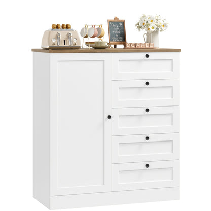 Kealive Sideboard, Kitchen Cabinet | White Buffet Cupboard with 5 Drawers, 85.5x40x97cm, Modern Style, Floor Mount, Suitable for Kitchen, Hallway, Living Room, Dining Room
