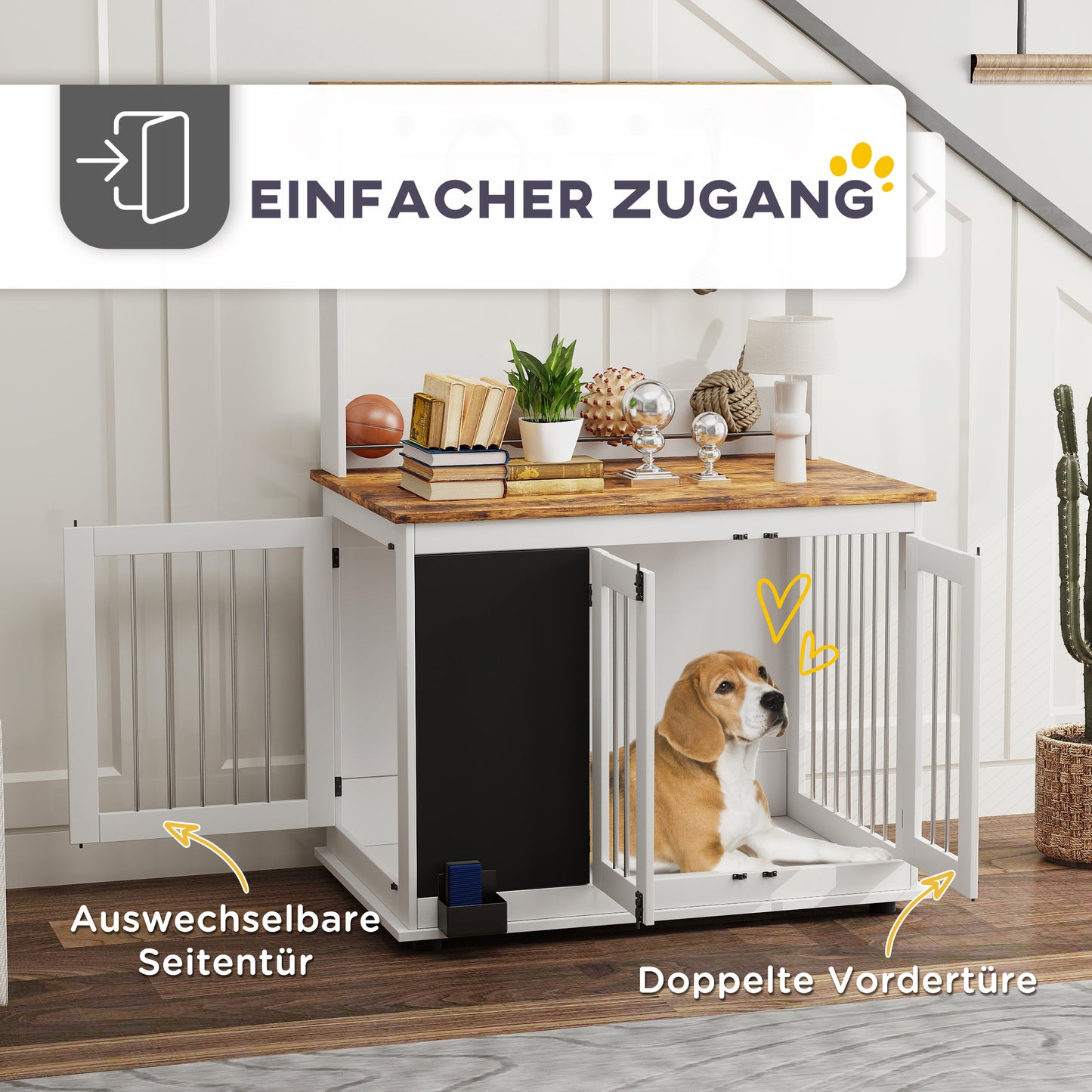 Hondenbench – Hondenkooi – Hondenhok – Doggy Kennel – Hondenren – Grote Hond Tot 30 kg – Opbergplank Met Speelplek – Wit