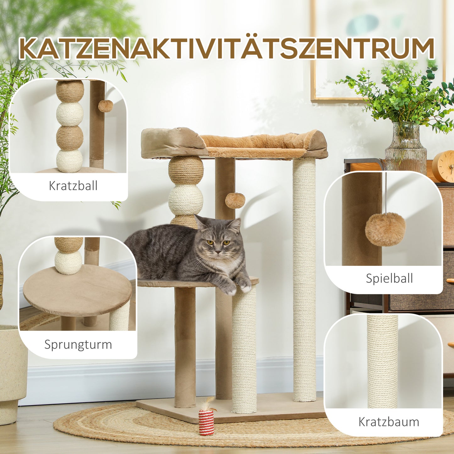 Krabpaal – Krabmeubel – Kattenkrabpaal – Kattenboom – Kattenmeubel – Inclusief Speelbal En Jute Krabpaal – Compact Formaat 56x54x86 cm – Voor Katten Tot 7 kg – Koffiebruin