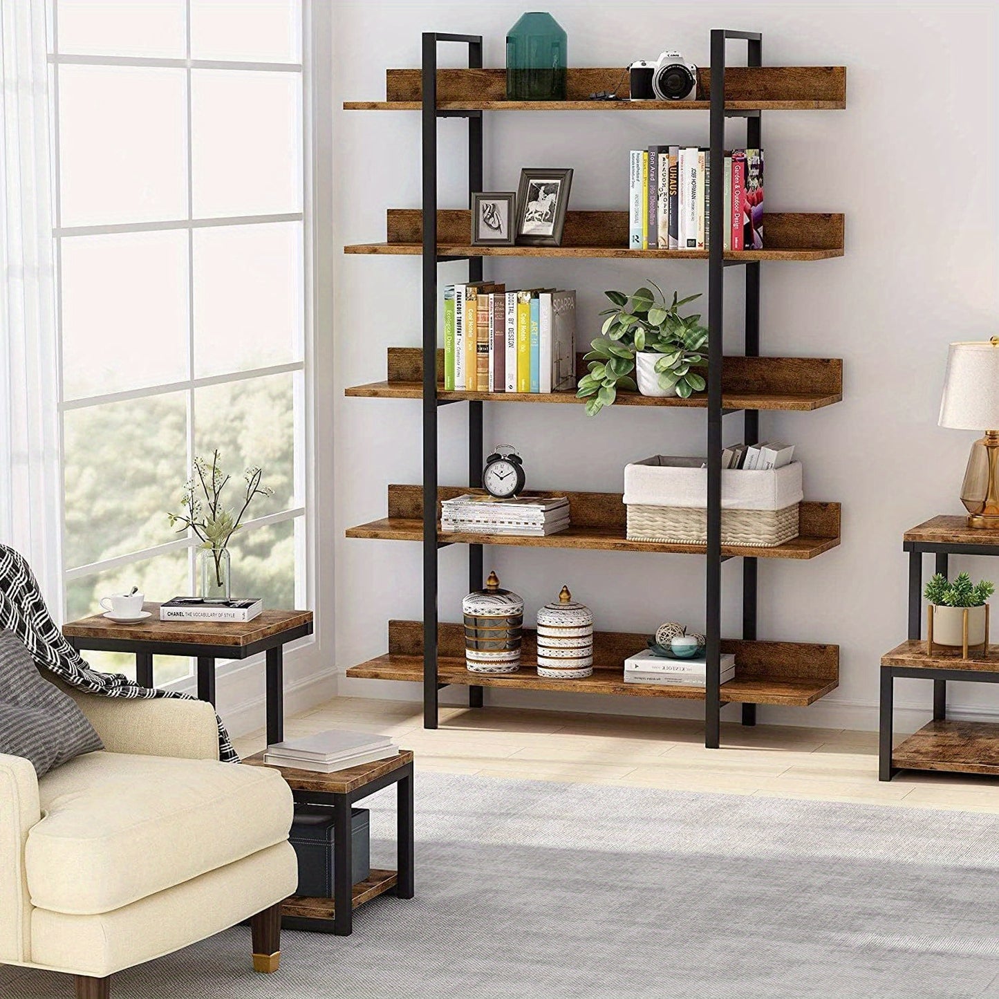 Industrieel Boekenkast – Open Kast – Opbergrek – Boekenplank – Stellingkast – Vintage Bruin – Stalen Frame – 5 Laags Met Kunststof Hout – Compact En Vrijstaand – Eenvoudige Montage