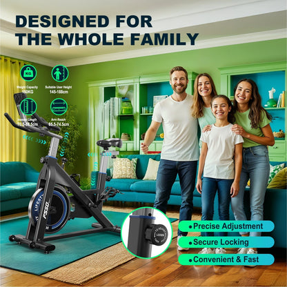 Magnetic Resistance Exercise Bike for Home, Fully Adjustable Ergometer, Quiet Indoor Bike with RPM Display, Large Tablet Holder, 150KG Capacity