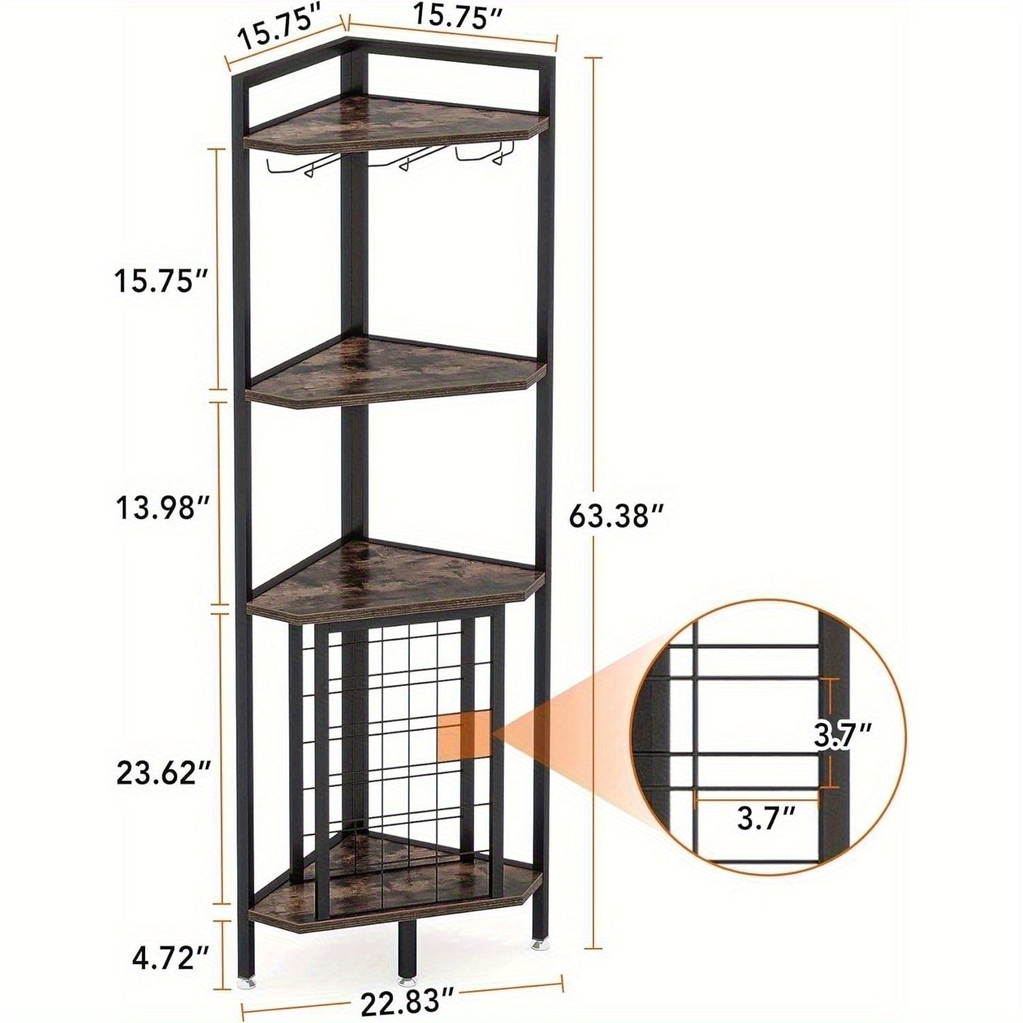 Wijnrek – Wijnkast – Flessenrek – Wijnhouder – Glazenhouder – Hoekmodel 4-lagen – Stevig Kunsthout & Zwart Metaal – Ruimtebesparend Industrieel Design