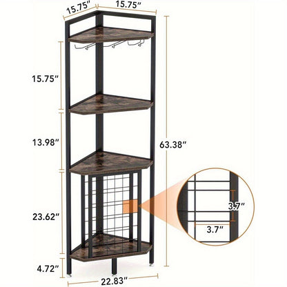 Wijnrek – Wijnkast – Flessenrek – Wijnhouder – Glazenhouder – Hoekmodel 4-lagen – Stevig Kunsthout & Zwart Metaal – Ruimtebesparend Industrieel Design