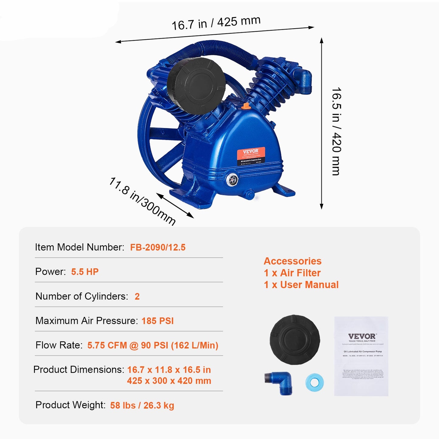 Compressorkop – Luchtcompressorpomp – Pompkop – Dubbelcilinder Compressor – Pistonpomp – 5,5PK Vermogen – Gietijzeren Duurzaam Design