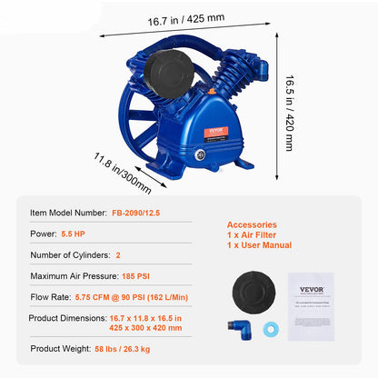 Compressorkop – Luchtcompressorpomp – Pompkop – Dubbelcilinder Compressor – Pistonpomp – 5,5PK Vermogen – Gietijzeren Duurzaam Design
