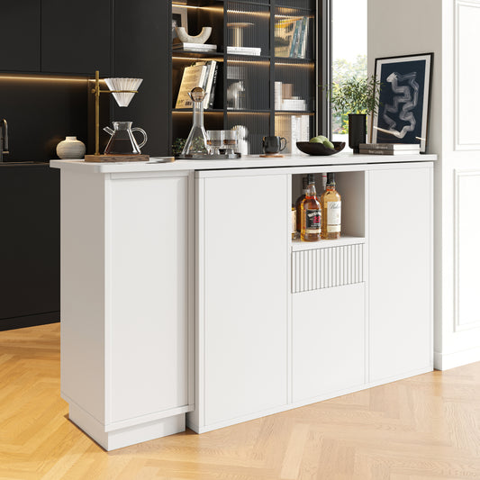 360° Rotating Marble Top Bar Island Table with Storage Shelves - Modern White Multifunctional Workstation, Easy Assembly Space-Saving design for small homes/Offices/Kitchens (210x30x100.9cm, Metal Frame)