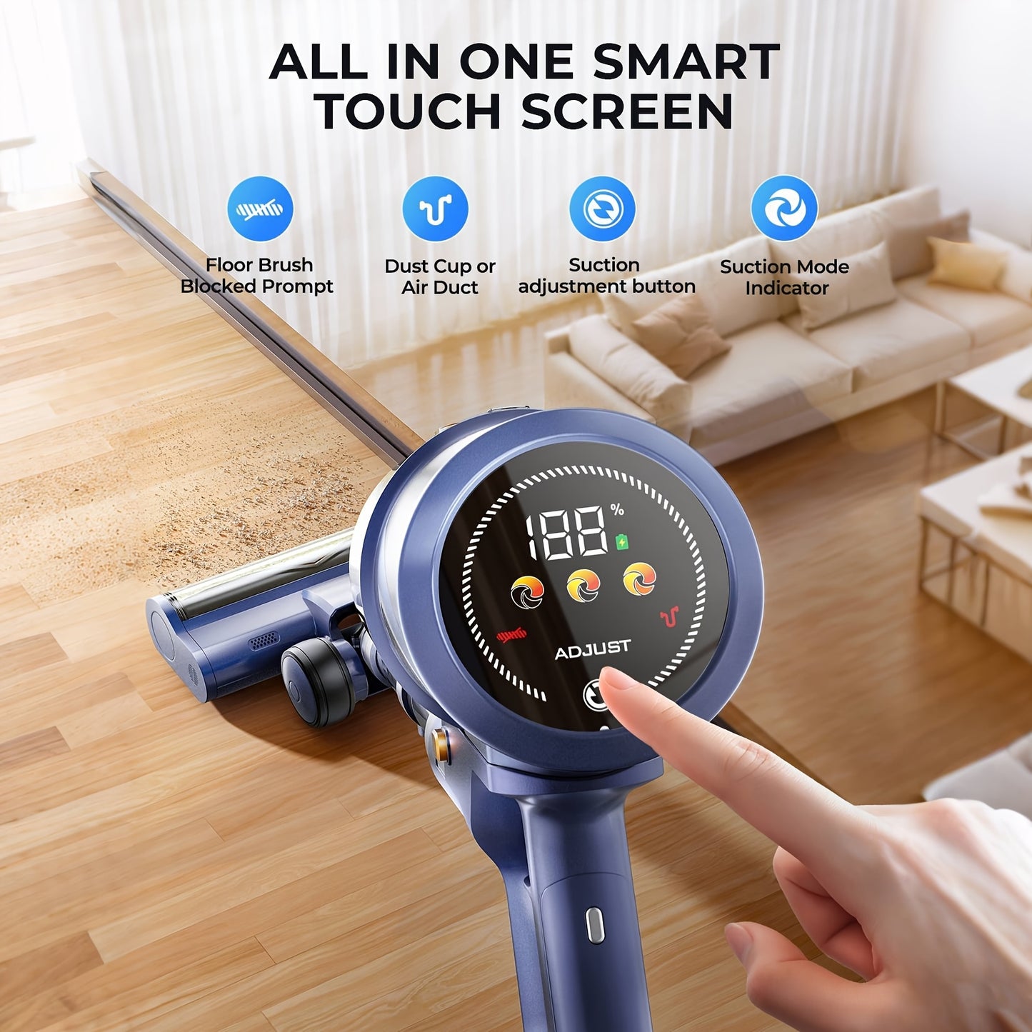 Draadloze Steelstofzuiger – Snoerloze Stofzuiger – Handstofzuiger – Duwstofzuiger – Oplaadbare Stofzuiger – 90 Min Batterijduur – 650W Vermogen – Blauw
