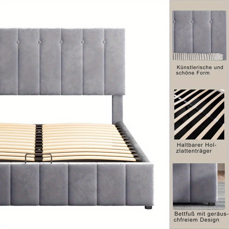 Tweepersoonsbed – Bed – Bedframe – Platformbed – Opbergbed – Gestoffeerd Linnen Beige – Hydraulische Opbergruimte – 140x200 cm