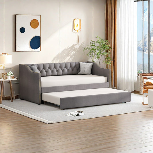 2-zits Slaapbank – Bedbank – Slaapbankje – Logeerbed – Bankbed – Grijs – King Size 90x200 cm – Duurzame Linnen Bekleding
