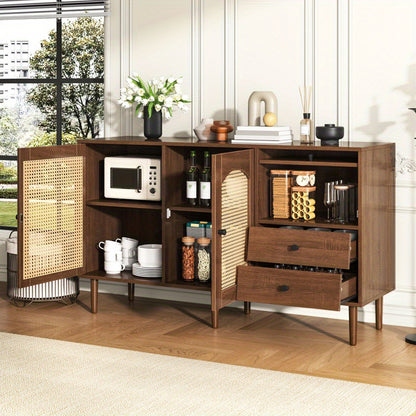 Dressoir – Sideboard – Opbergkast – Kast – Buffetkast – Landelijke Stijl – Rieten Deuren – Magnetische Sluiting – Verstelbare Legplanken – 130 x 75,5 x 40 cm – Stevige Constructie