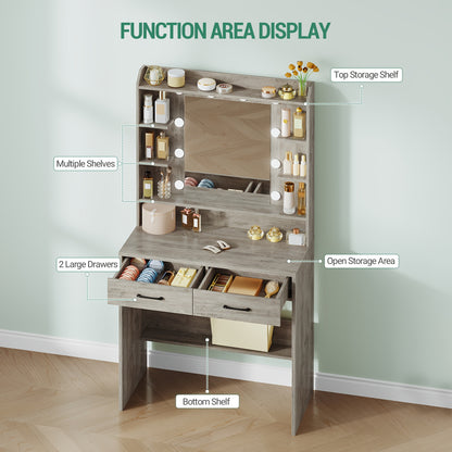 Kaptafel – Make-up Tafel – Vanity – Make-uptafel – Dresser – Wit – Verstelbare Verlichting – 40x80x149 cm – Elegant Design – Ruime Opbergruimte