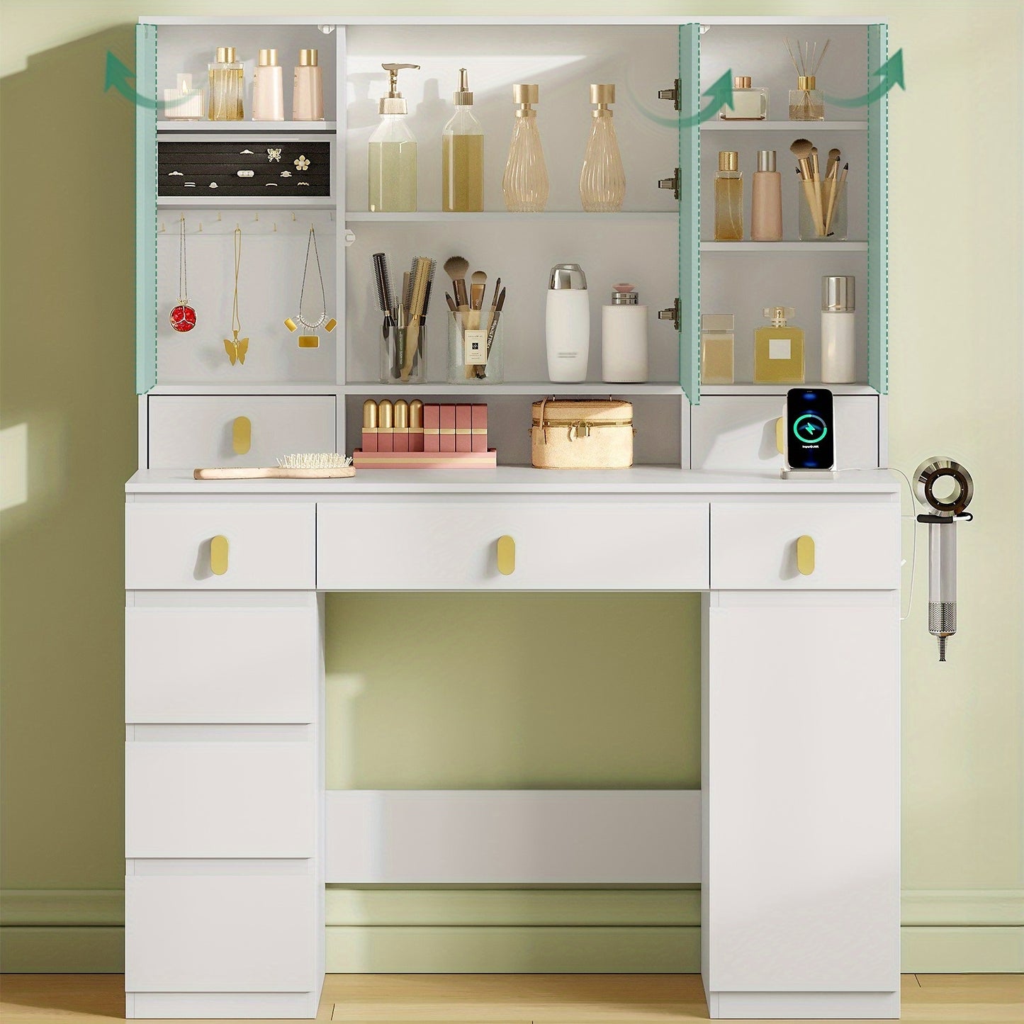 Make-uptafel – Kaptafel – Schminktisch – Make-up Bureau – Wit – LED Verlichting Met Driedelige Spiegel – 8 Laden & Opbergruimte