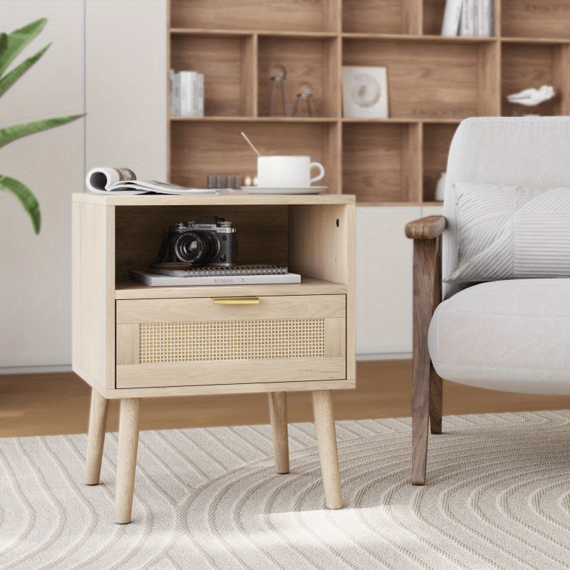 Nachtkastje – Bedkastje – Bijzettafel – Ladekastje – Tafel – Bohemian Stijl – Licht Eikenlook – Open Plank – Compact 45x40x55 cm