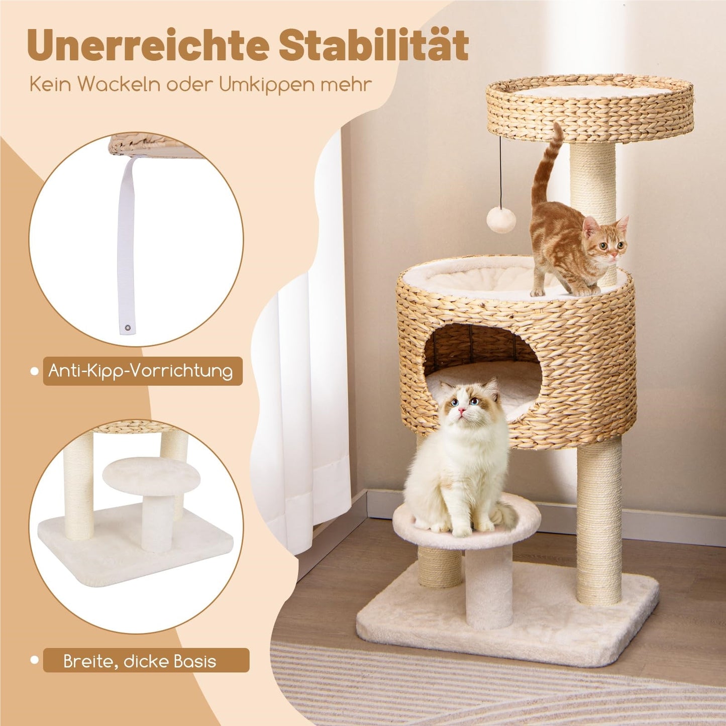 Krabpaal – Kattenkrabpaal – Kattenboom – Krabmeubel – Krabton – 104 cm Hoog – Met Kattenhol & Sisal Bekleding