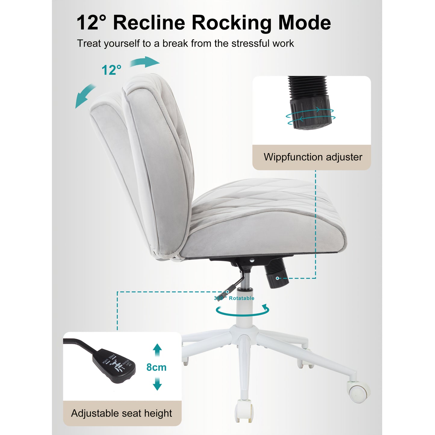 Ergonomische Bureaustoel – Office Chair – Make-up Stoel – Werkstoel – Draaistoel – Faux-suède Bekleding – Verstelbare Hoogte – 12° Schommelfunctie – 360° Draaibaar – Grijs