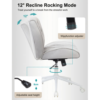 Ergonomische Bureaustoel – Office Chair – Make-up Stoel – Werkstoel – Draaistoel – Faux-suède Bekleding – Verstelbare Hoogte – 12° Schommelfunctie – 360° Draaibaar – Grijs