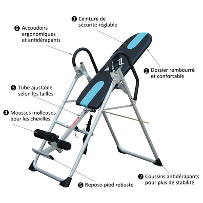 Inversietafel – Inversiebank – Rugtrainer – Stretching Bank – Fitnessbank – Verstelbare Hoogte 147-198 cm – Veiligheidsriem & Stalen Frame – Zwart/Zilver