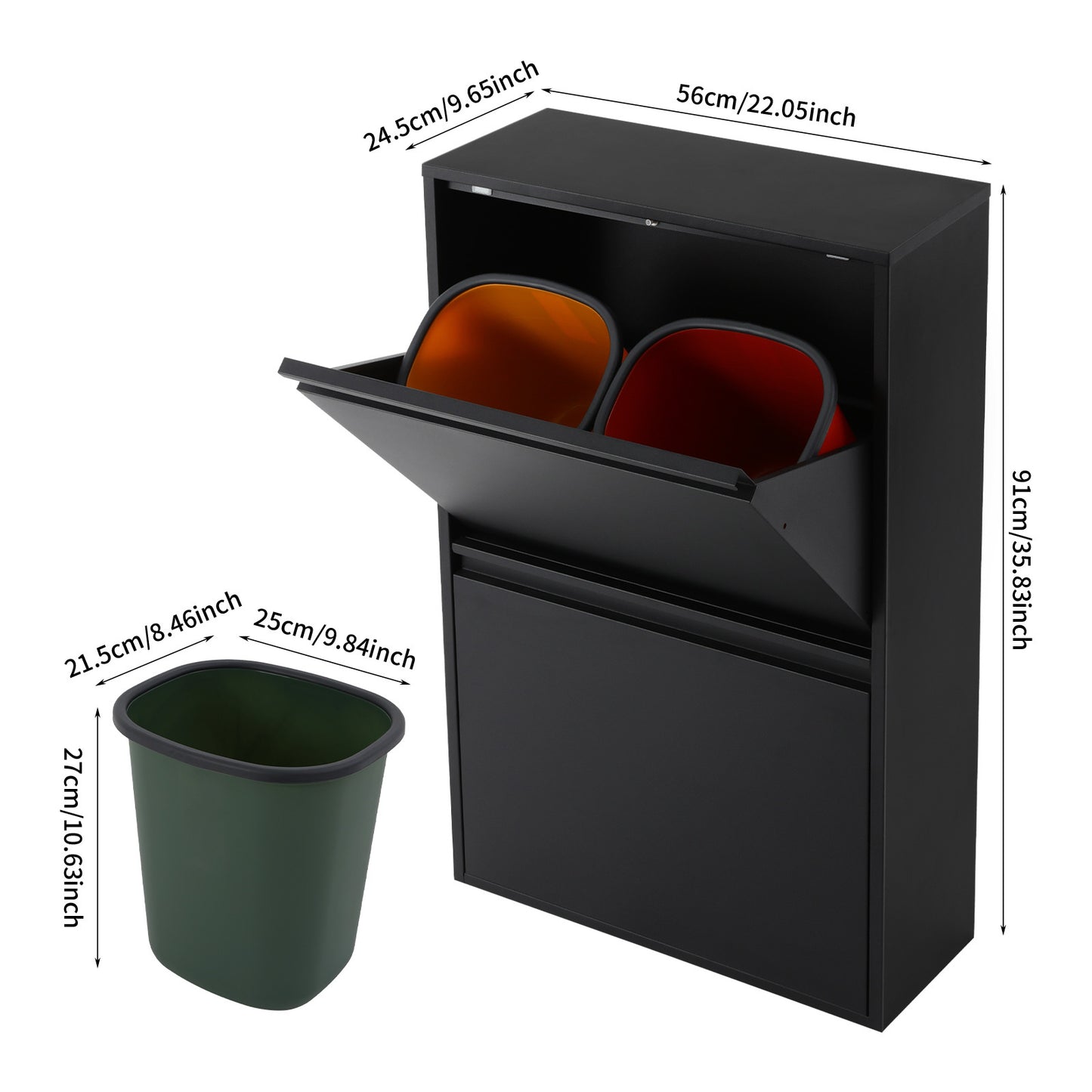 4x15L Kitchen Trash Can | Black, Sorting Trash Bin, Rubbish Storage Cabinet, Carbon Steel, Rectangle Shape, NaMaSyo Brand