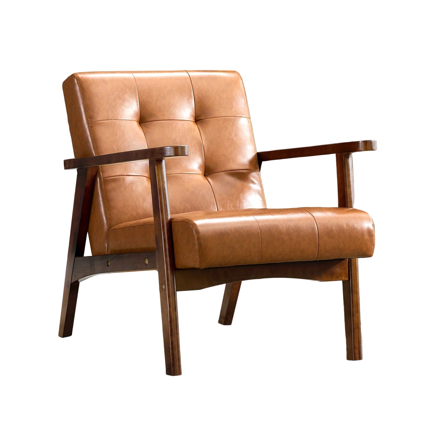 Fauteuil – Relaxstoel – Loungefauteuil – Leunstoel – Draaifauteuil – Mid-Century Modern – Kunstleer – Massief Houten Frame – Ergonomische Armleuningen – Comfortabele Schuimvulling – Karamelbruin Wafelpatroon