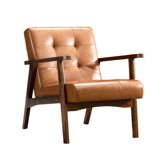 Fauteuil – Relaxstoel – Loungefauteuil – Leunstoel – Draaifauteuil – Mid-Century Modern – Kunstleer – Massief Houten Frame – Ergonomische Armleuningen – Comfortabele Schuimvulling – Karamelbruin Wafelpatroon