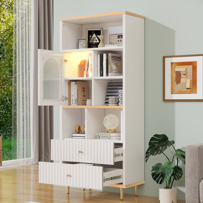 Multifunctionele Kast – Opbergkast – Vitrinekast – Boekenkast – Bergkast – Wit Design – Transparante Glazen Deuren – 2 Geruisloze Lades – 78x36x180 cm