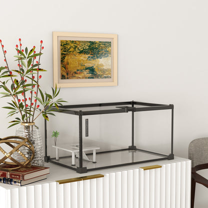 Terrarium voor schildpadden – Reptielenbak – Vivarium – Terrariumkast – Reptielenhuis – Met Sluitbaar Metalen Gaasdeksel – Gemaakt van Glas en Metaal – Inclusief Platform met Oprit en Thermometer – Afmetingen 50x30x25 cm