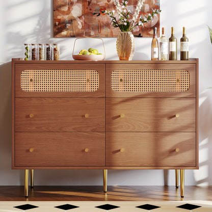 Ladekast – Ladenkast – Dressoir – Opbergkast – Kast – Walnoot Kleur – 6 Ruime Lades – Massief Hout Met Rattan Zijkanten
